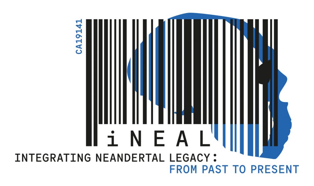 grafika z kodem kreskowym z zarysem czaszki człowieka neandertalskiego jako logo projektu iNEAL