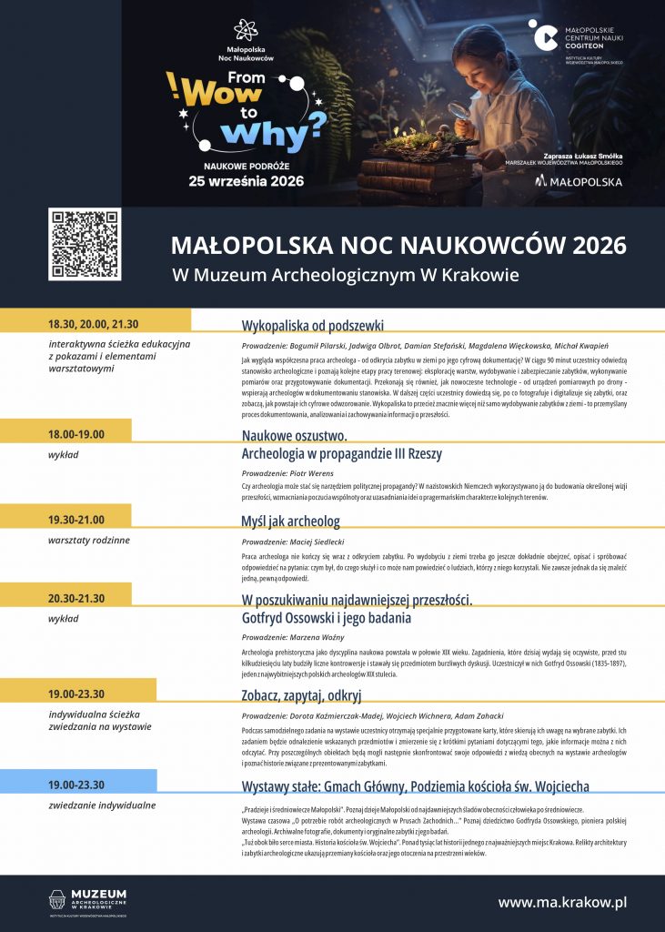 kolorowa grafika informująca o&nbsp;wydazreniach podczas Nocy Naukowców w&nbsp;Muzeum