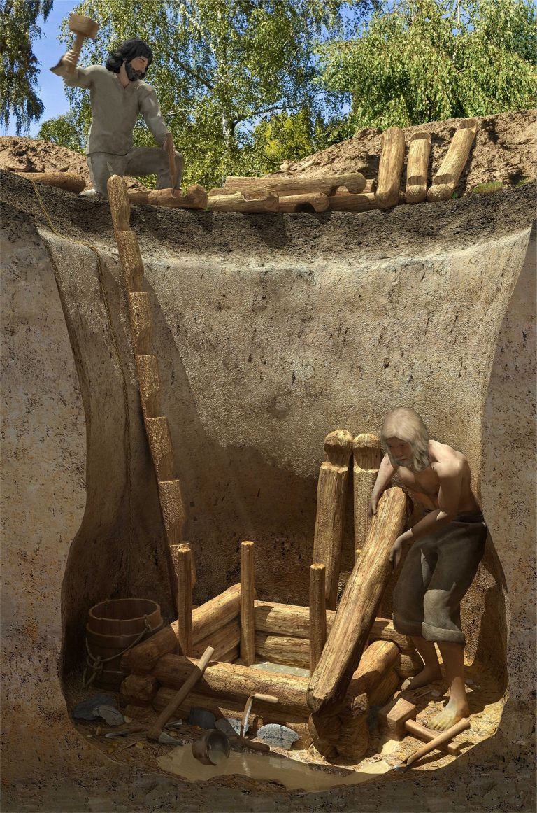 Komputerowa rekonstrukcja drewnianej studni w trakcie budowy, której ślady odkryto w Stanisławicach; 100-200 lat po Chr. (wyk. Ł. Wójcik)