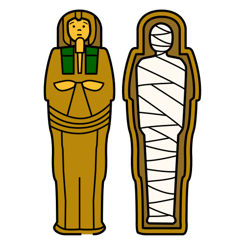 Sarkofag Żółtawo-brązowy sarkofag czyli egipska trumna. Na sarkofagu namalowany mężczyzna z bródką oraz chustą na głowie. Wewnątrz widoczna biała, zabandarzowana mumia.
