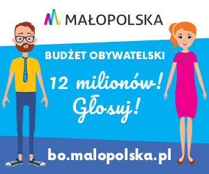 Grafika przedstawiająca kobietę o blond włosach w różowej sukience i ciemnowłosego mężczyznę z zarostem, w okularach w żółtej koszulce z krawatem na niebieskim tle, zachęcających do głosowania w Budżecie Obywatelskim Województwa Małopolskiego.