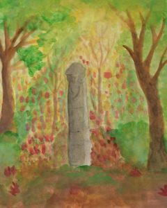 Zdjęcie kolorowe. Malunek przedstawiający posąg Światowida ze Zbrucza w otoczeniu zielonych drzew i czerwonych kwiatów.