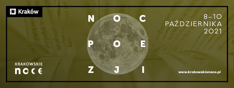 grafika z napisem NOC POEZJI i szarą kulą ziemską