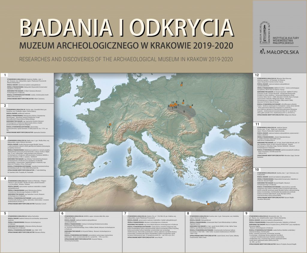 Mapa z lokalizacją stanowisk i obszarów badań Muzeum Archeologicznego w Krakowie