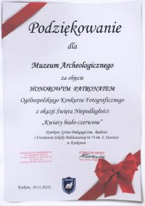 dyplom - podziękowanie dla Muzeum Archeologicznego w Krakowie