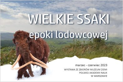 kolorowa grafika z mamutem na zaśnieżonej łące - informująca o wystawie "Wielkie ssaki epoki lodowcowej"