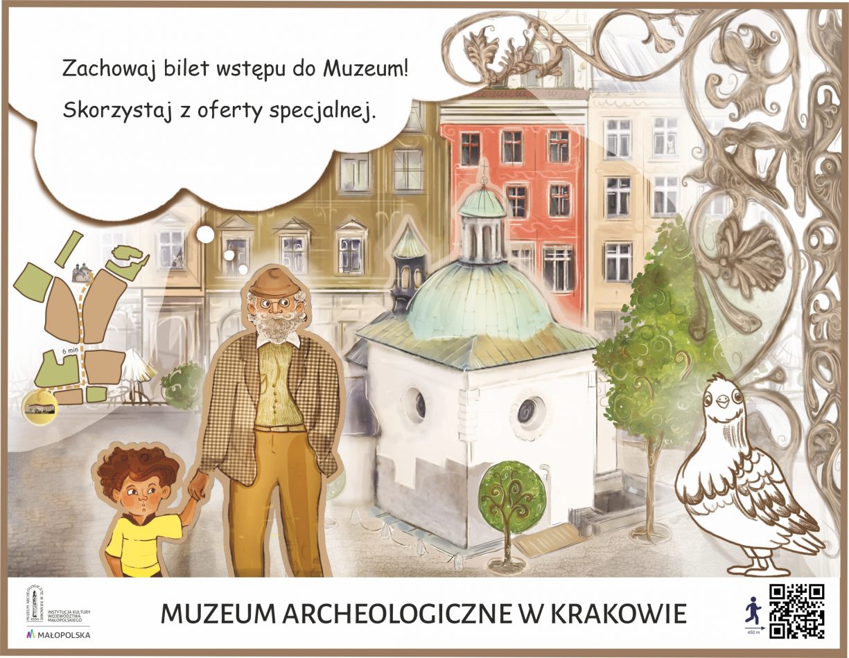 Grafika przedstawiająca Dziadka z wnuczniem na Runku głównym w Krakwie z kościołem św. Wojciecha w tle