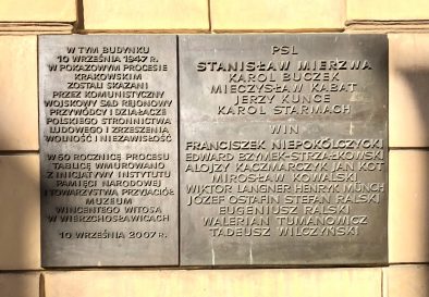 tablica pamięci skazanym w procesie krakowskim w 1947 r., przy ul. Senackiej 3