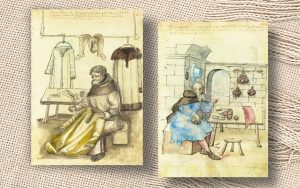 Ilustracja z tzw. Ksiąg domowych norymberskich Domów Dwunastu Braci przedstawiająca krawca (1516 r.) oraz wytwórcę torebek (1524 r.) trzymających w rękach igłę (źródło: domena publiczna).