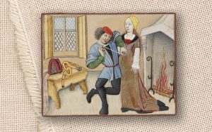Ilustracja z tzw. Powieści o Róży (1490–1500 r.) przedstawiająca pracę przy stroju kobiecym (źródło: Oxford, Bodleian Library MS. Douce 195).