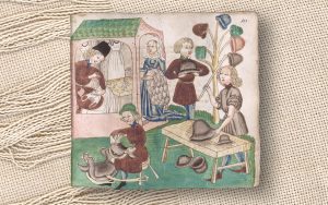 Ilustracja z 1467 r. z tzw. Schachzabelbuch (Cod.poet.et phil. fol. 2) przedstawiająca sposób wykorzystania igły w pracowni (źródło: domena publiczna).