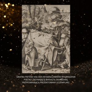 Grafika z postacią trzymającą baniastą skarbonkę.