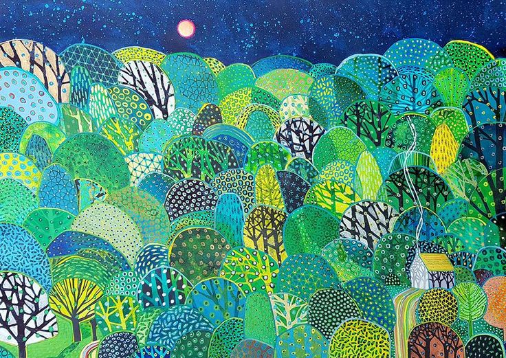 kolorowa grafika z drzewami