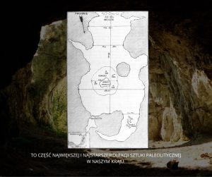 Wejście i plan Jaskini Mamutowej z zaznaczeniem lokalizacji znalezisk. (Zawisza 1974)