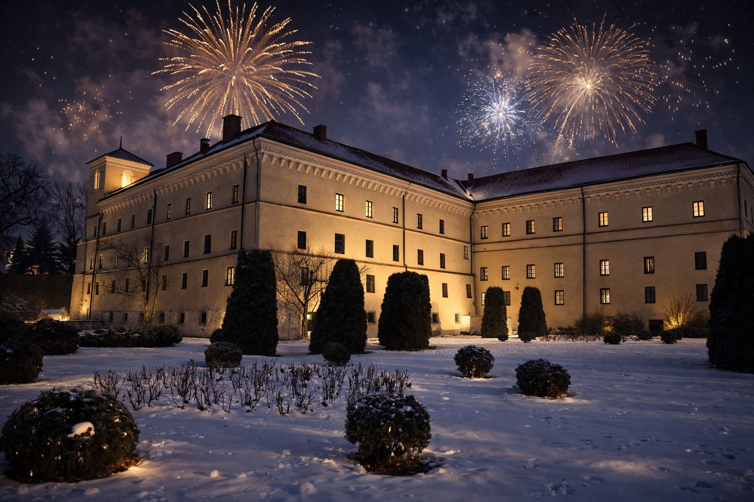 zdjęcie budynku Muzeum Archeologicznego w Krakowie na tle nocy sylwestrowej
