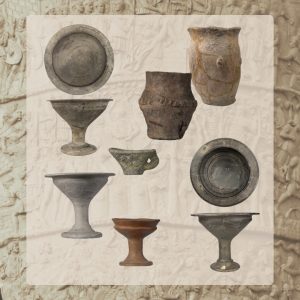 Naczynia gliniane toczone na kole, barwy szarej: fruktiery czyli talerze na nóżce oraz naczynia ręcznie lepione, barwy brązowej: czasza dacka, fruktiera i garnki zdobione nalepianymi guzami i listwami z Lipicy Górnej w Ukrainie.