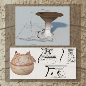 Trójwymiarowa rekonstrukcja talerza na nóżce tak zwanej fruktiery oraz zdjęcie i rysunek naczyń malowanych.