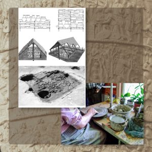 Zdjęcie pozostałości archeologicznych i rekonstrukcja warsztatu garncarskiego w Nyíregyháza-Oros na Węgrzech oraz współczesna fotografia z warsztatu garncarskiego Gusztiego Pálla w Corund w Rumunii.