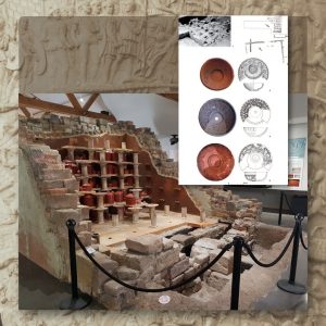 Trzy gliniane formy do odciskania ornamentu na naczyniach z Micăsasa w Rumunii i zdjęcie zrekonstruowanego pieca do wypału takiej ceramiki w Musée de la Céramique de Lezoux, Francja.