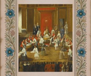 6. Papież Benedykt XIII (1721-1730) podczas ceremonii poświęcenia agnusków. Obraz z&nbsp;domeny publicznej