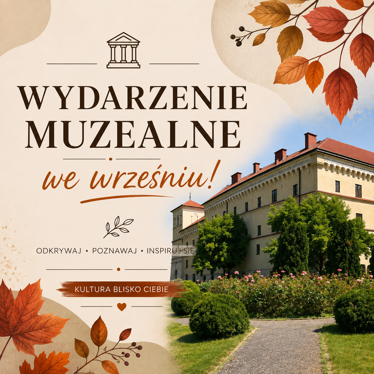 koorowa grafika z budynkiem Muzeum oraz z napisem wydarzenia muzealne we wrzesniu