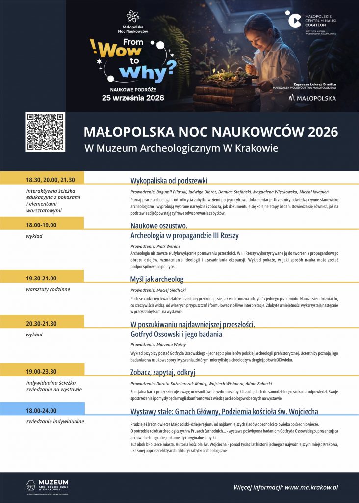 afisz z&nbsp;programem Nocy Naukowców w&nbsp;Muzeum Archeologicznym