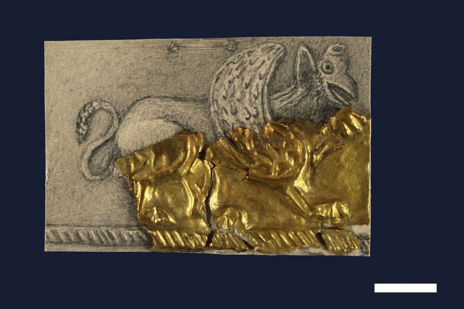 Złoty relief z gryfem na złotej blaszcze